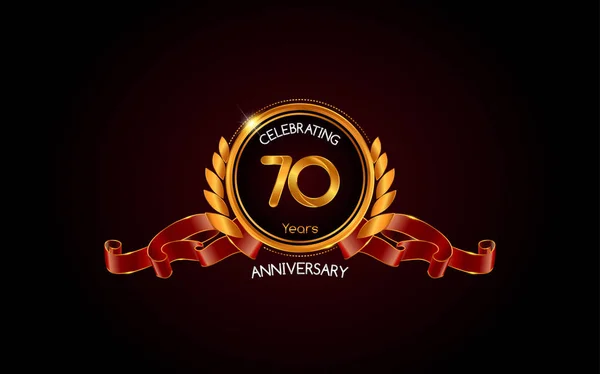Logotipo Celebración Aniversario Oro Años Con Cinta Roja Ilustración Vectorial — Vector de stock