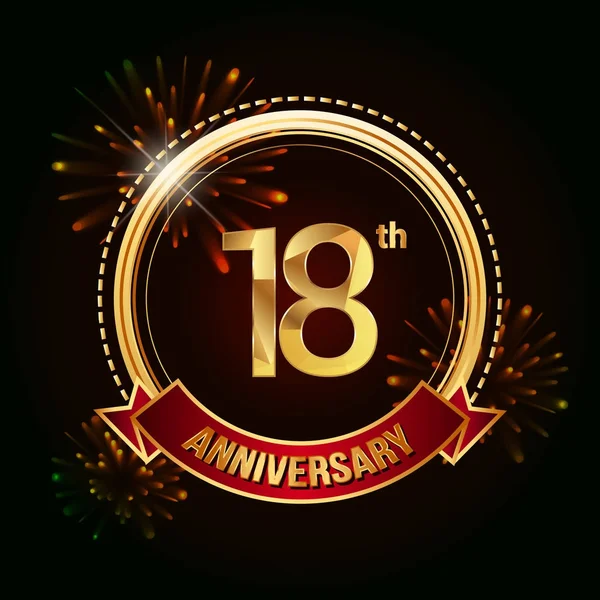 18E Gouden Jubileum Vieren Logo Met Rood Lint Vuurwerk Vectorillustratie — Stockvector