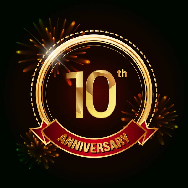 10Th Gold Anniversary Celebrating Logo Red Ribbon Fireworks Vector Illustration — Stock Vector