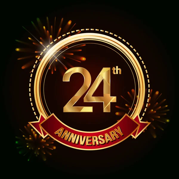 24E Anniversaire Célébrant Logo Avec Ruban Rouge Feux Artifice Illustration — Image vectorielle