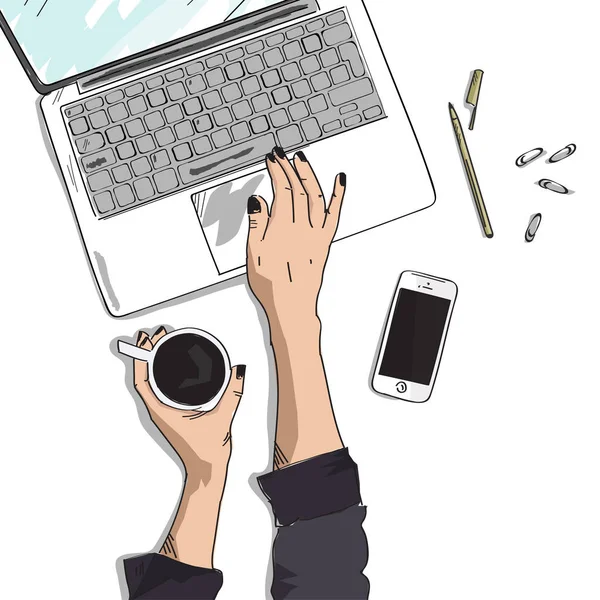 Hand Getekende Werkruimte Met Laptop Vector Illustratie Met Leuke Stijl — Stockvector