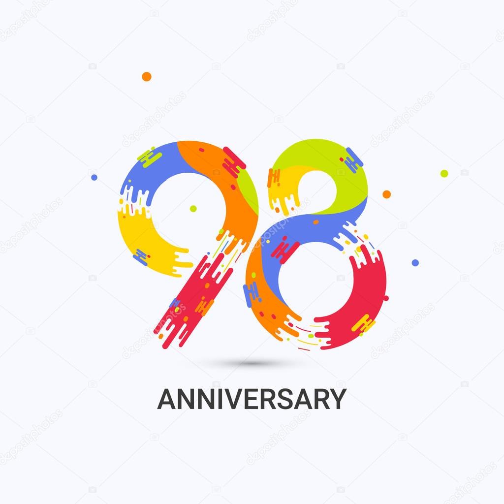 98 Years Anniversary, Splash Colored Logo Celebration Isolated on White Background
