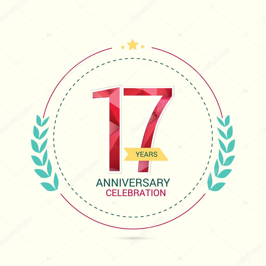 17 Years Anniversary with Low Poly Design and Laurel Ornaments, Vector illustration on white background
