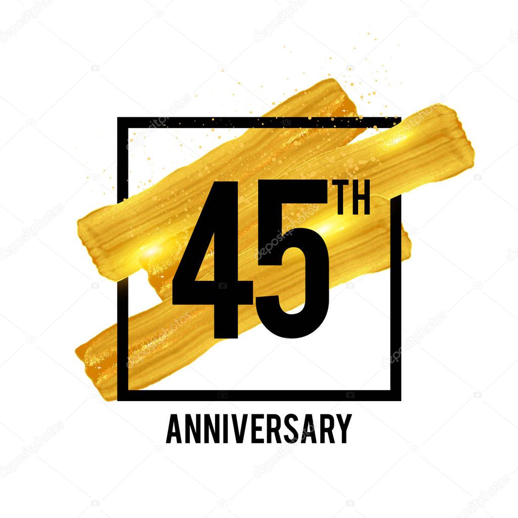45 Years Anniversary Celebration Logotype with Golden Brush Ornament Isolated on White Background. Vector illustration