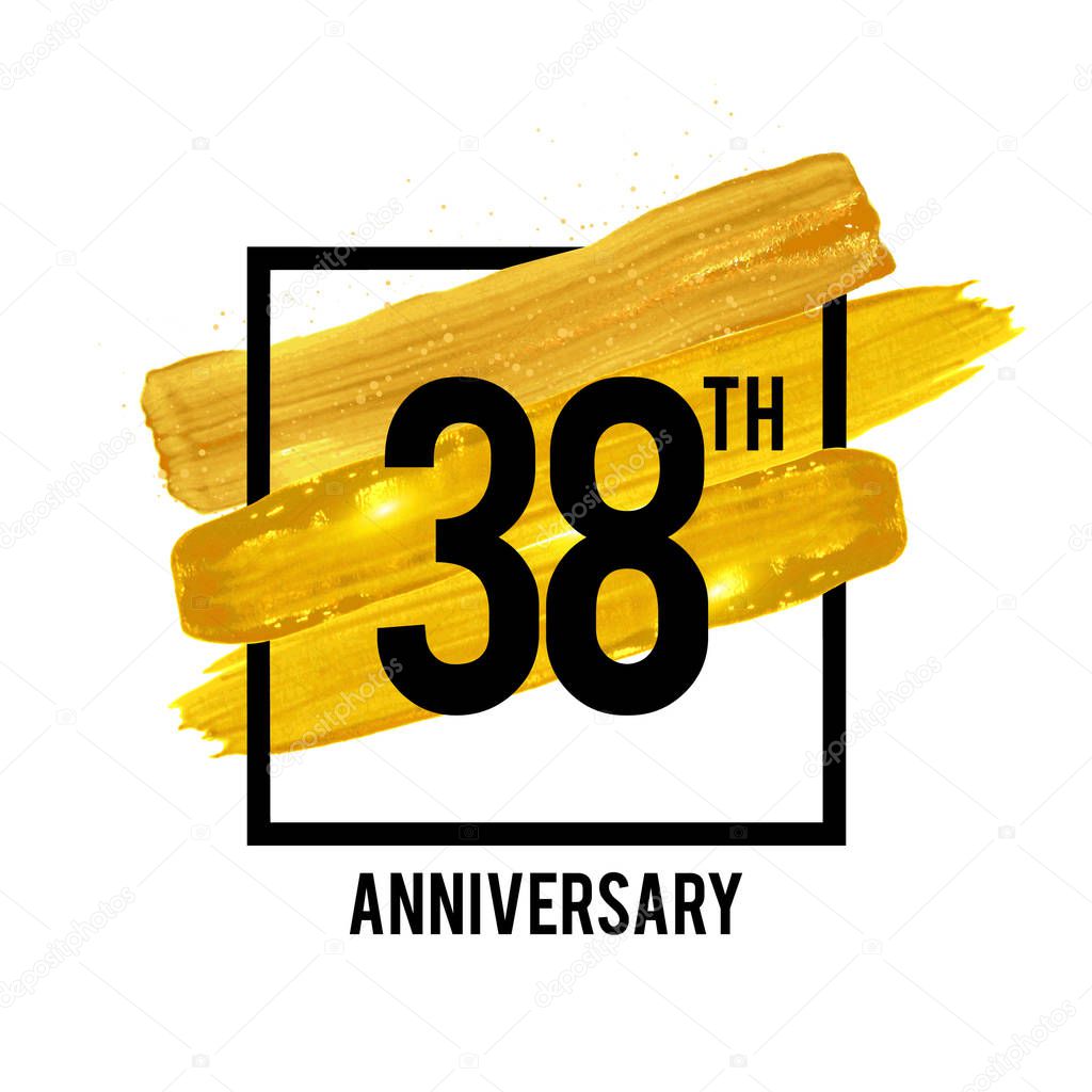 38 Years Anniversary Celebration Logotype with Golden Brush Ornament Isolated on White Background. Vector illustration