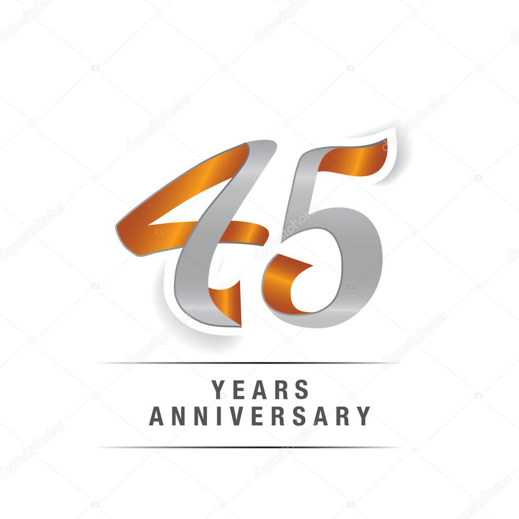 45 Years Anniversary Logo Celebration in Yellow and Grey colors, Vector illustration Isolated on White Background