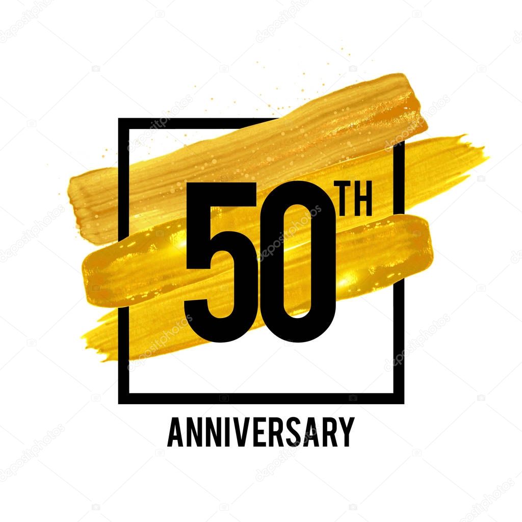 50 Years Anniversary Celebration Logotype with Golden Brush Ornament Isolated on White Background. Vector illustration