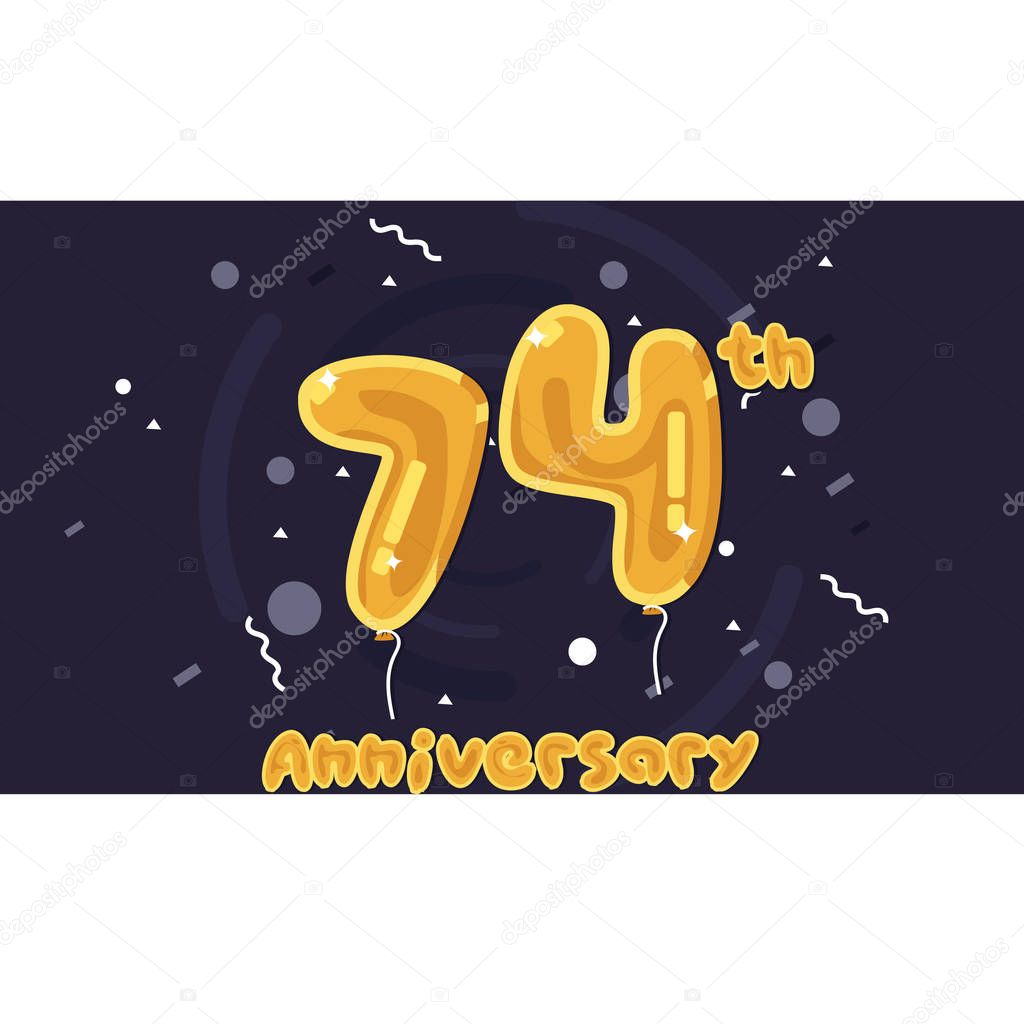 74 Years Anniversary Celebration Logo, Yellow foil balloon colored, Vector Illustration on Dark Purple Background