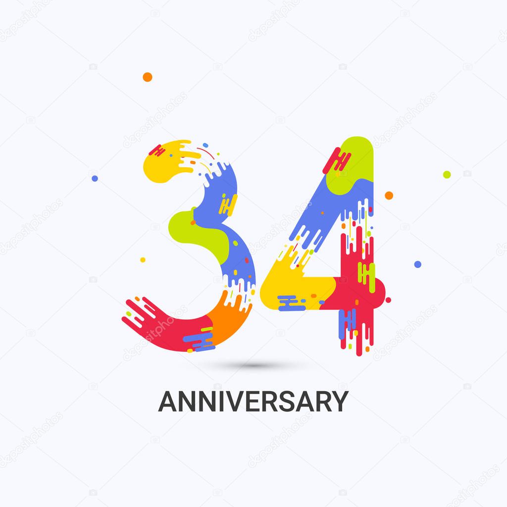 34 Years Anniversary, Splash Colored Logo Celebration Isolated on White Background