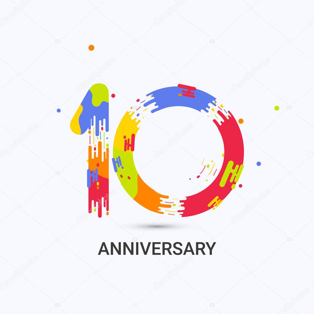 10 Years Anniversary, Splash Colored Logo Celebration Isolated on White Background