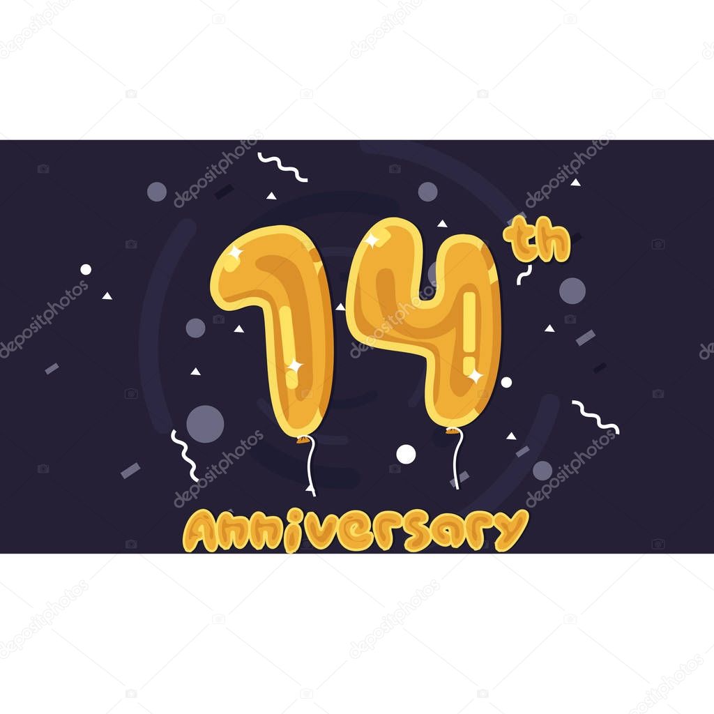 14 Years Anniversary Celebration Logo, Yellow foil balloon colored, Vector Illustration on Dark Purple Background