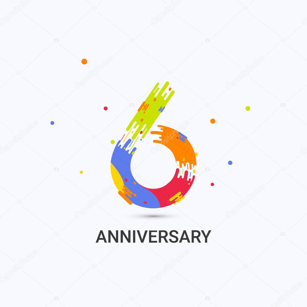 6 Years Anniversary, Splash Colored Logo Celebration Isolated on White Background