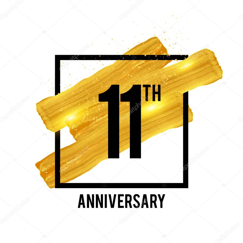 11 Years Anniversary Celebration Logotype with Golden Brush Ornament Isolated on White Background. Vector illustration