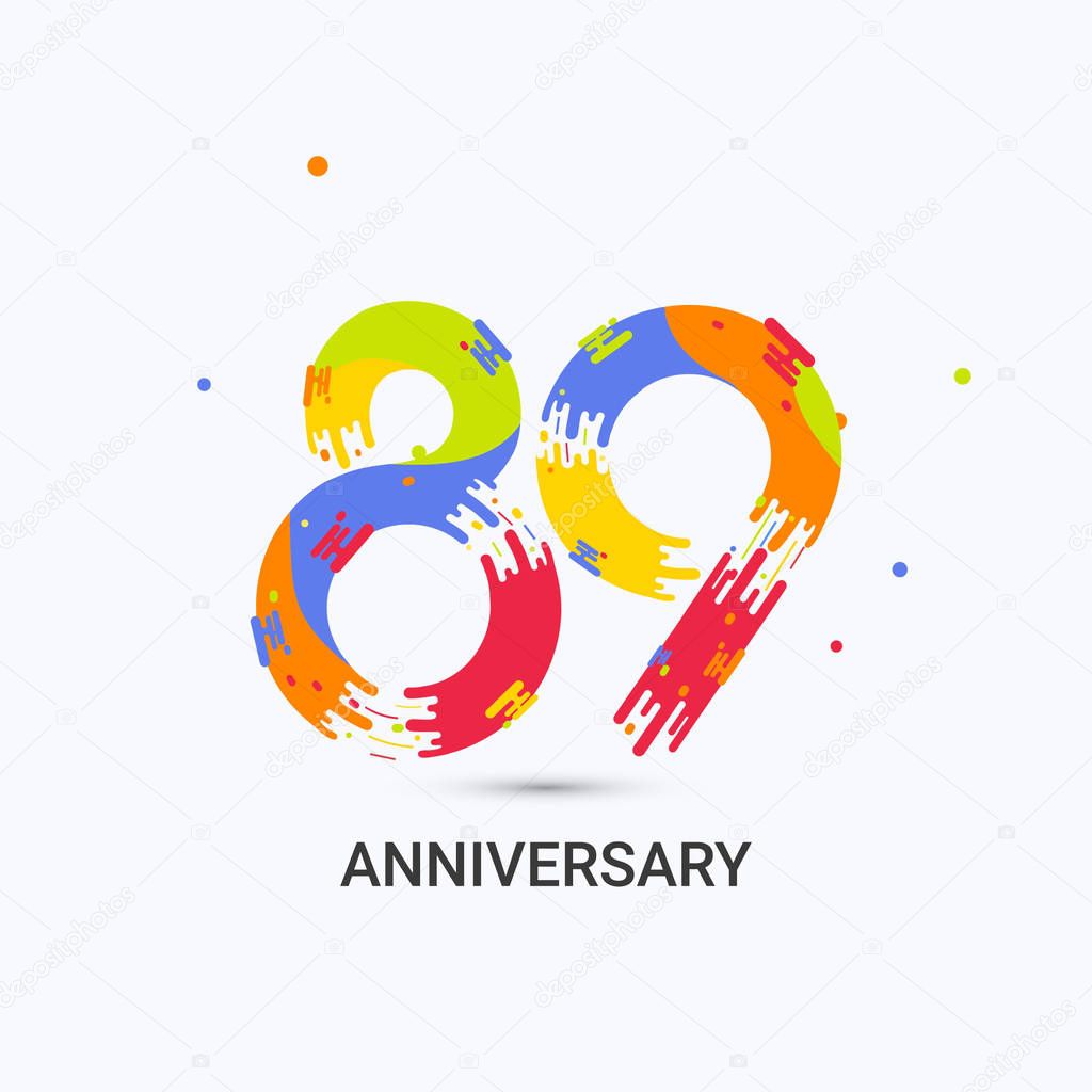 89 Years Anniversary, Splash Colored Logo Celebration Isolated on White Background