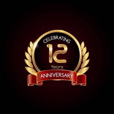 12 yaşındaki altın yıldönümü kutlama kırmızı kurdele, koyu arka plan üzerinde vektör çizim logolu