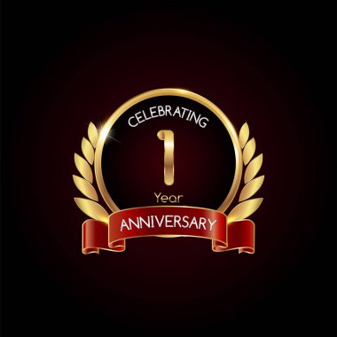 1 yıl altın yıldönümü kutlama kırmızı kurdele, koyu arka plan üzerinde vektör çizim logolu