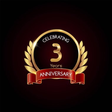 3 yıl altın yıldönümü kutlama kırmızı kurdele, koyu arka plan üzerinde vektör çizim logolu