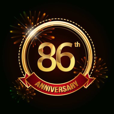 86 altın yıldönümü logo vektör çizim koyu arka plan üzerinde kırmızı kurdele ve havai fişek ile kutluyor 