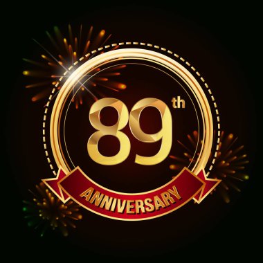 89 altın yıldönümü logo vektör çizim koyu arka plan üzerinde kırmızı kurdele ve havai fişek ile kutluyor 