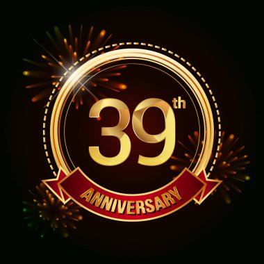 39 altın yıldönümü logo vektör çizim koyu arka plan üzerinde kırmızı kurdele ve havai fişek ile kutluyor 