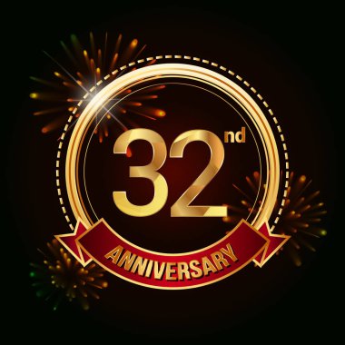 32 altın yıldönümü logo vektör çizim koyu arka plan üzerinde kırmızı kurdele ve havai fişek ile kutluyor 