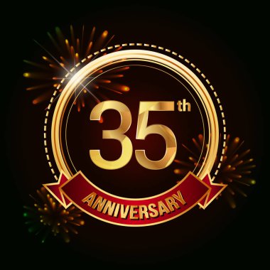 Altın 35.yılını logo vektör çizim koyu arka plan üzerinde kırmızı kurdele ve havai fişek ile kutluyor 