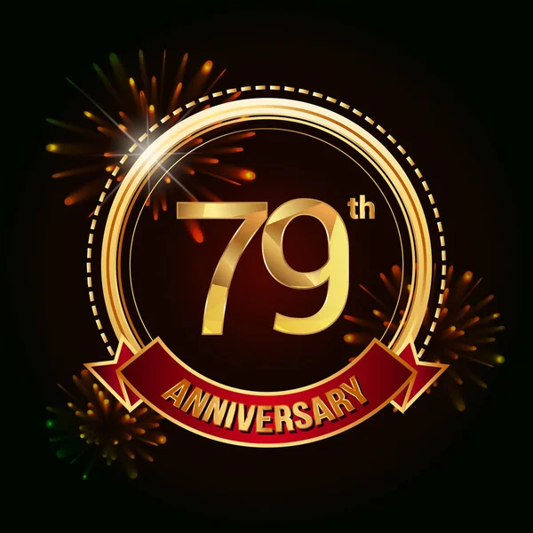 79E Gouden Jubileum Vieren Logo Met Rood Lint Vuurwerk Vectorillustratie — Stockvector