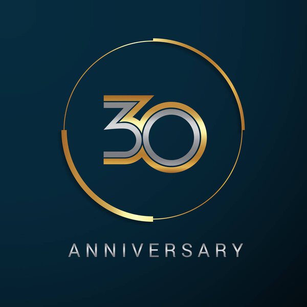 Логотип 30-летнего юбилея с золотыми и серебряными многолинейными числами в золотом круге, векторная иллюстрация на темном фоне
