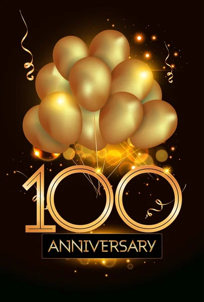 100 Aniversário Logo Celebração Com Balões Dourados Confetes Ilustração Vetorial — Vetor de Stock