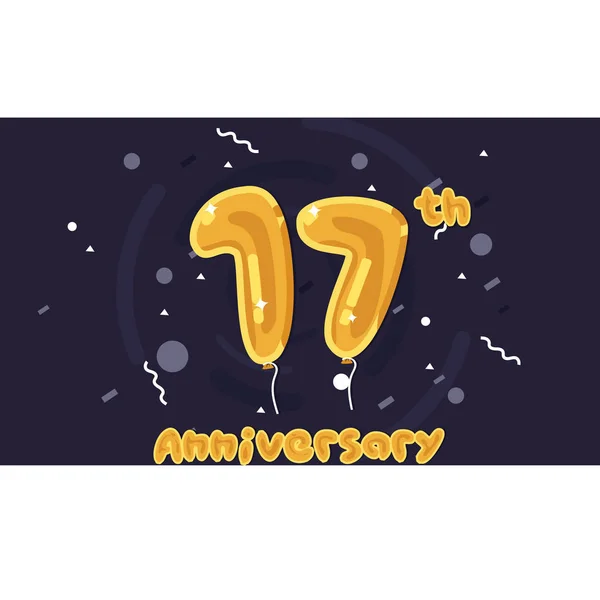 17周年纪念庆祝标志 黄色箔气球上色 媒介例证在深紫色背景 — 图库矢量图片