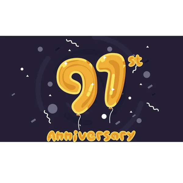 91周年纪念庆祝标志 黄色箔气球上色 媒介例证在深紫色背景 — 图库矢量图片