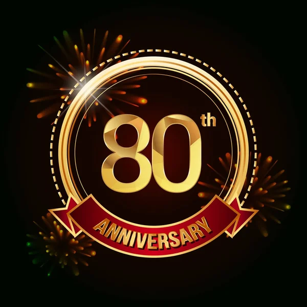 80 Altın yıldönümü logo vektör çizim koyu arka plan üzerinde kırmızı kurdele ve havai fişek ile kutluyor 