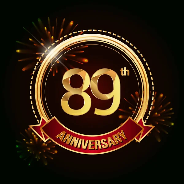 89 altın yıldönümü logo vektör çizim koyu arka plan üzerinde kırmızı kurdele ve havai fişek ile kutluyor 