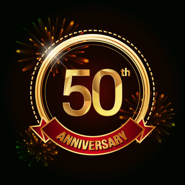 50th gold anniversary celebrating logo with red ribbon and fireworks, vector illustration on dark background 