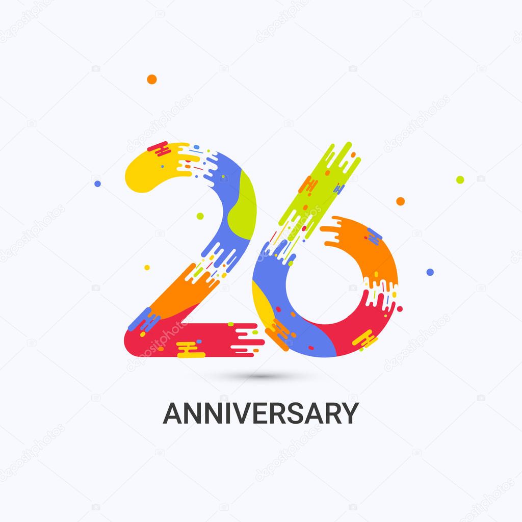 26 Years Anniversary, Splash Colored Logo Celebration Isolated on White Background