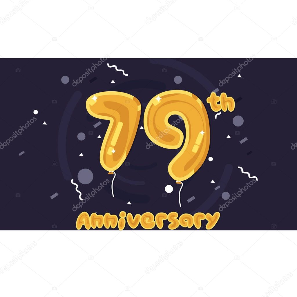 79 Years Anniversary Celebration Logo, Yellow foil balloon colored, Vector Illustration on Dark Purple Background