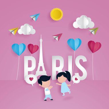 Renkli Sevgililer günü kartı şablonu çizgi film çift, vektör çizim kağıt kullanarak stil kesim