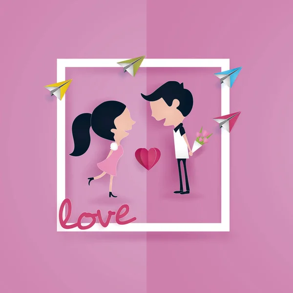 Bunte Valentinstag Kartenvorlage Mit Cartoon Paar Vektorillustration Scherenschnitt Stil — Stockvektor