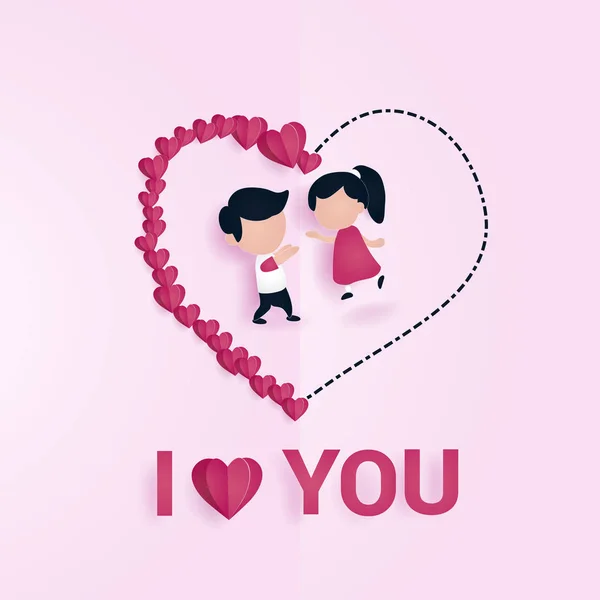 五颜六色的情人节贺卡模板与卡通情侣 矢量插画使用剪纸风格 — 图库矢量图片