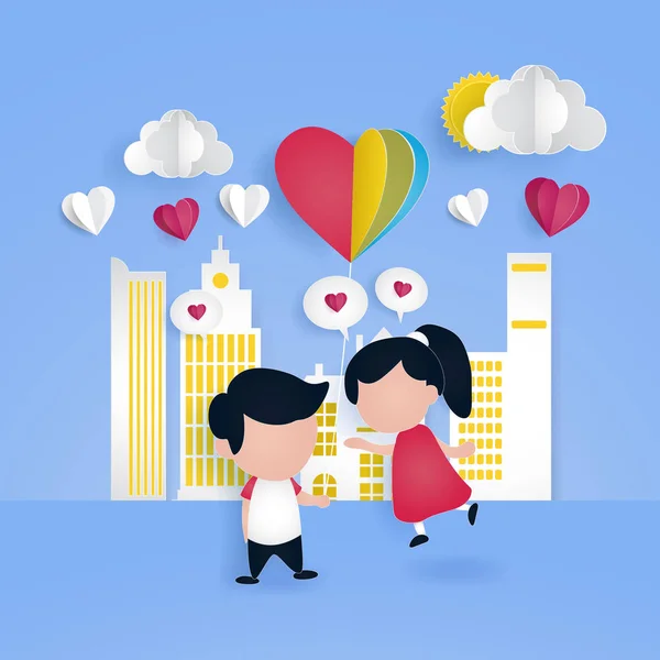 Modello Carta Colorato San Valentino Con Coppia Cartoni Animati Illustrazione — Vettoriale Stock