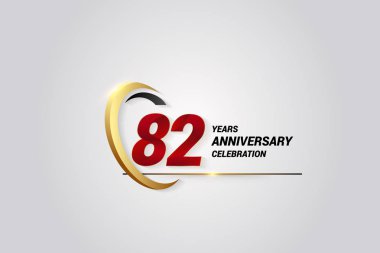 82 yıl yıldönümü kutlama logo. Kırmızı zarif vektör çizim altın Swoosh, beyaz arka plan üzerinde izole vektör çizim 