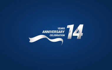 14 yıl yıldönümü kutlama logo vektör çizim mavi zemin üzerine beyaz renkli kurdele ile