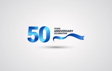 50 yıl yıldönümü kutlama logo vektör çizim beyaz zemin üzerine mavi renkli kurdele ile