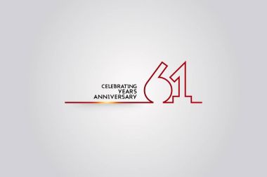 61 Years Anniversary logotype with red colored font numbers made of one connected line, vector illustration isolated on white background for company celebration event, birthday clipart