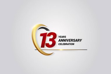 13 yıl yıldönümü kutlama logo. Kırmızı zarif vektör çizim altın Swoosh, beyaz arka plan üzerinde izole vektör çizim 