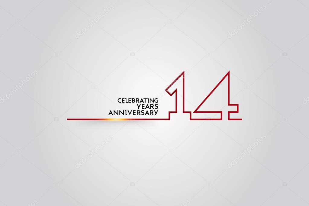 14 Years Anniversary logotype with red colored font numbers made of one connected line, vector illustration isolated on white background for company celebration event, birthday