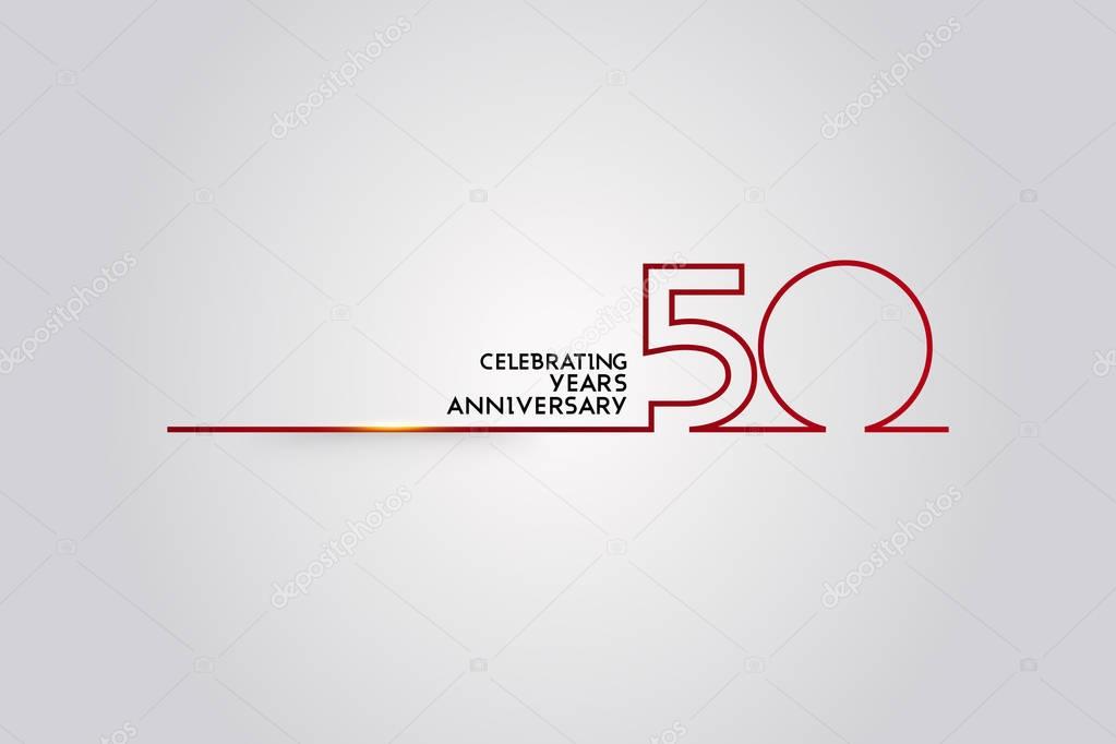 50 Years Anniversary logotype with red colored font numbers made of one connected line, vector illustration isolated on white background for company celebration event, birthday