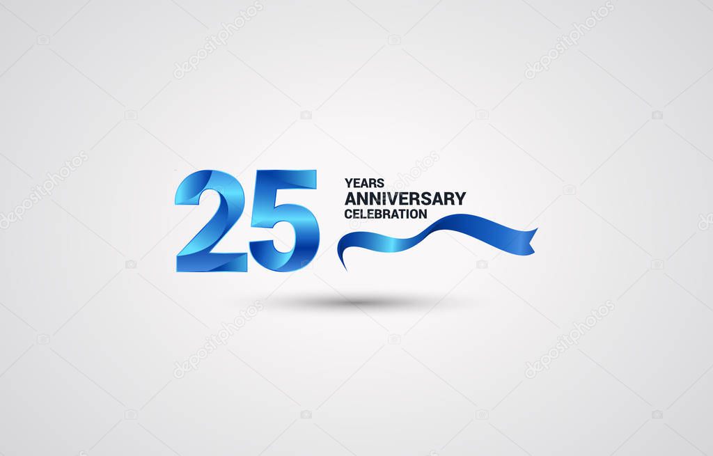25 Years Anniversary celebration logotype with blue colored ribbon, vector illustration on white background