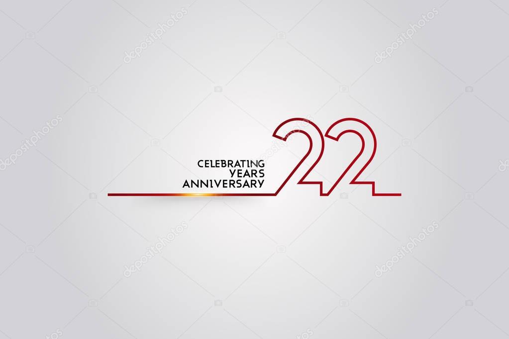 22 Years Anniversary logotype with red colored font numbers made of one connected line, vector illustration isolated on white background for company celebration event, birthday