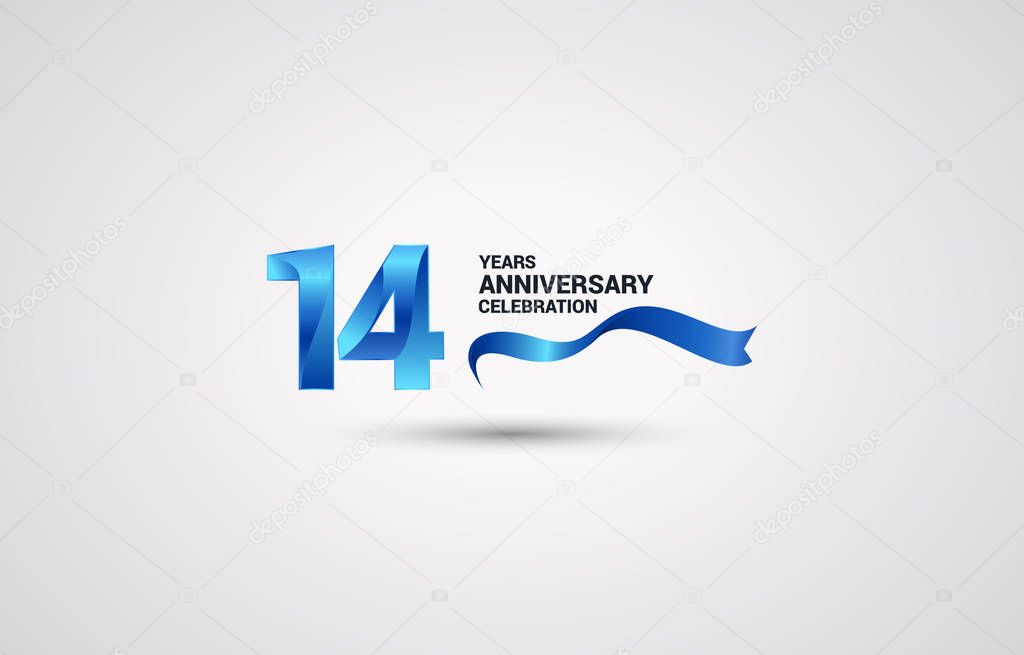 14 Years Anniversary celebration logotype with blue colored ribbon, vector illustration on white background